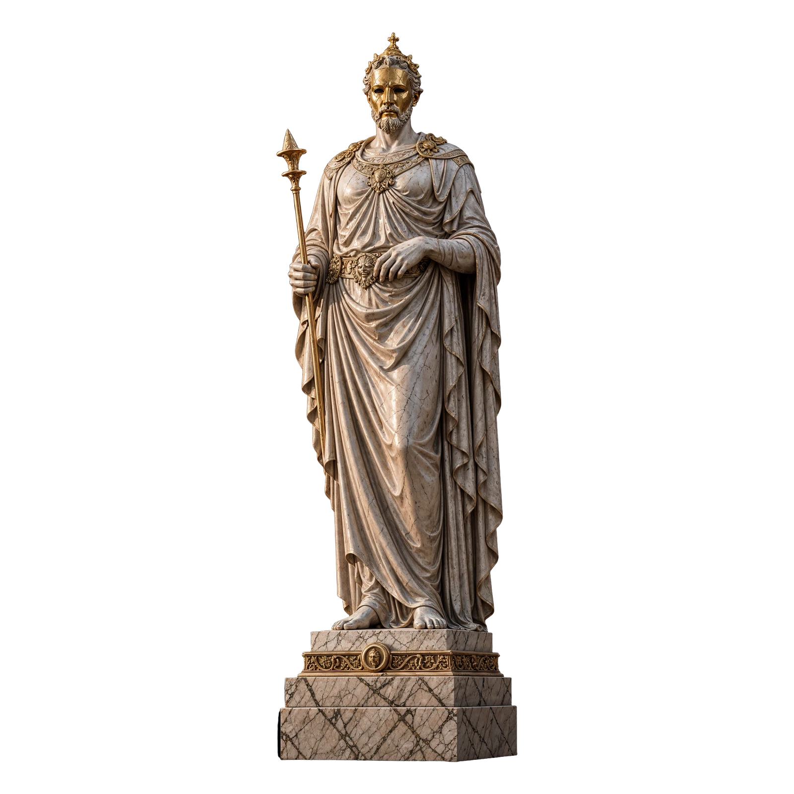 The refined final — white marble with the gold mask